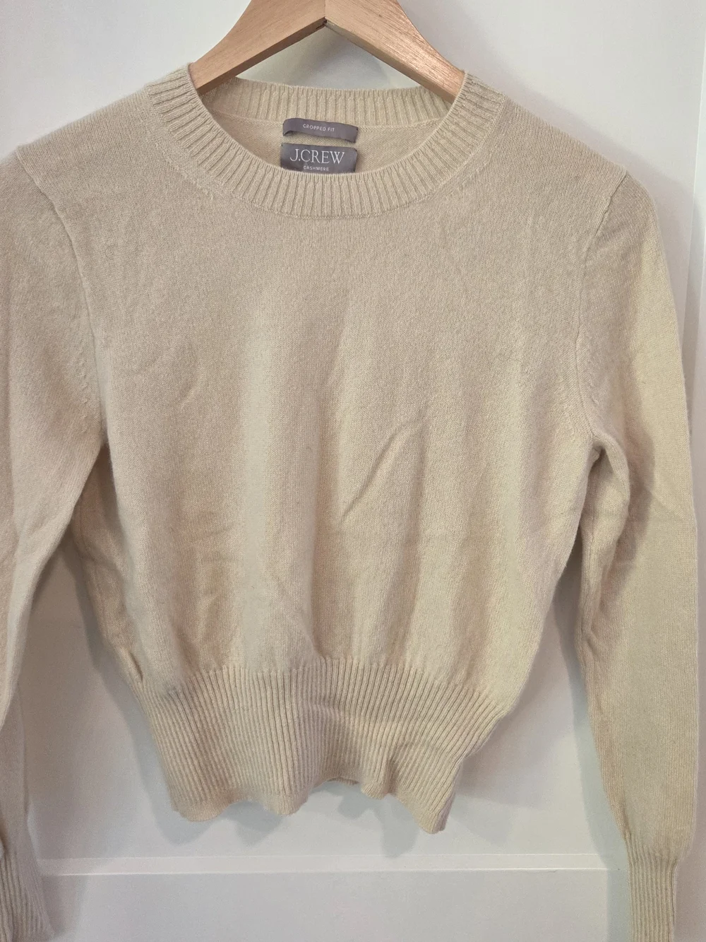 J.Crew 100% Cashmere Cropped Sweater Cream Long Sleeve Classic Quiet Luxury S